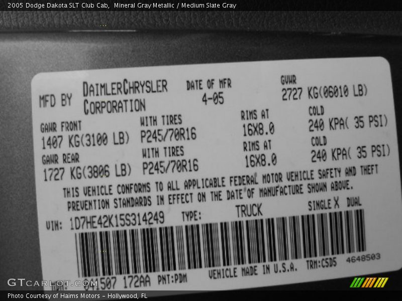 2005 Dakota SLT Club Cab Mineral Gray Metallic Color Code PDM