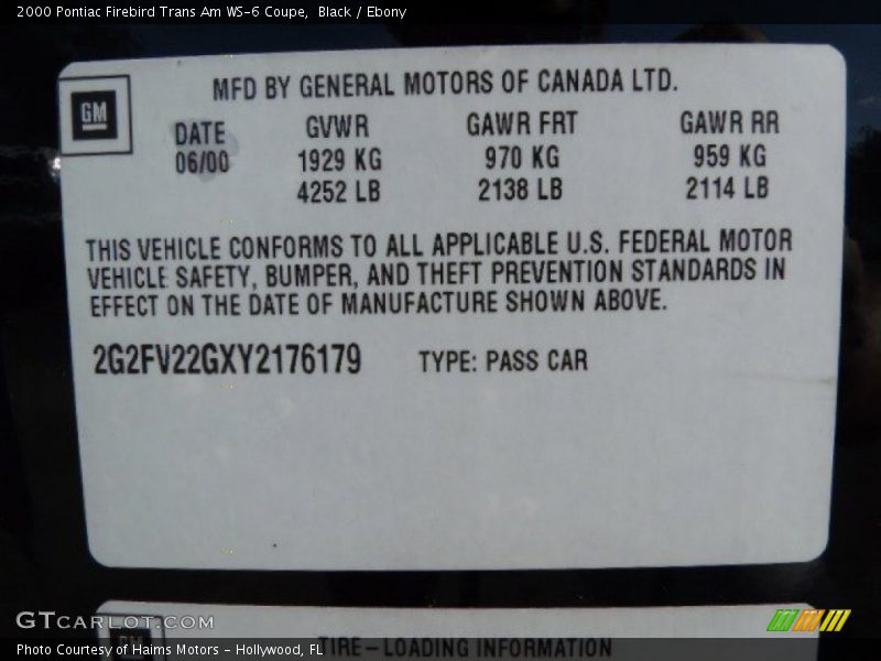 Black / Ebony 2000 Pontiac Firebird Trans Am WS-6 Coupe