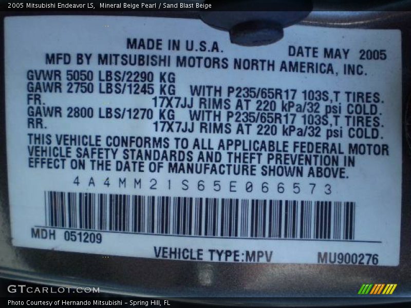 Mineral Beige Pearl / Sand Blast Beige 2005 Mitsubishi Endeavor LS
