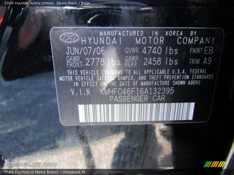 Ebony Black / Beige 2006 Hyundai Azera Limited