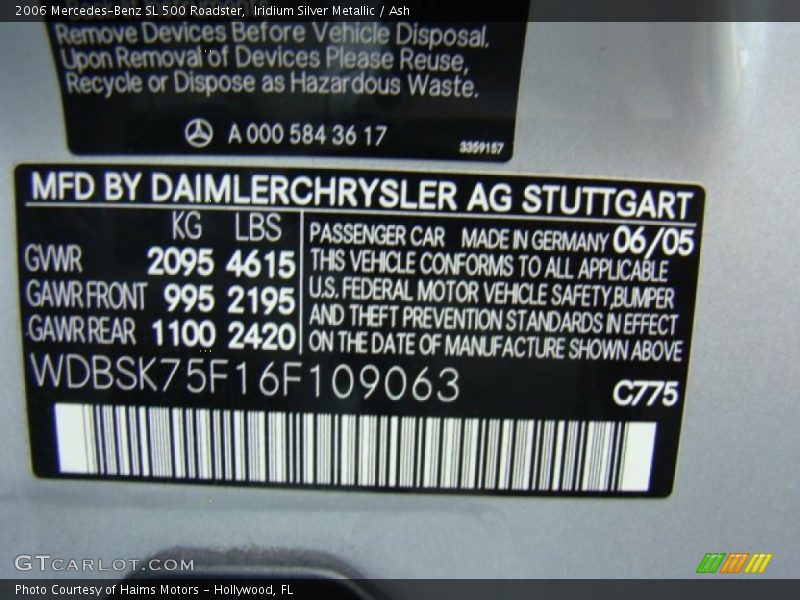 Iridium Silver Metallic / Ash 2006 Mercedes-Benz SL 500 Roadster