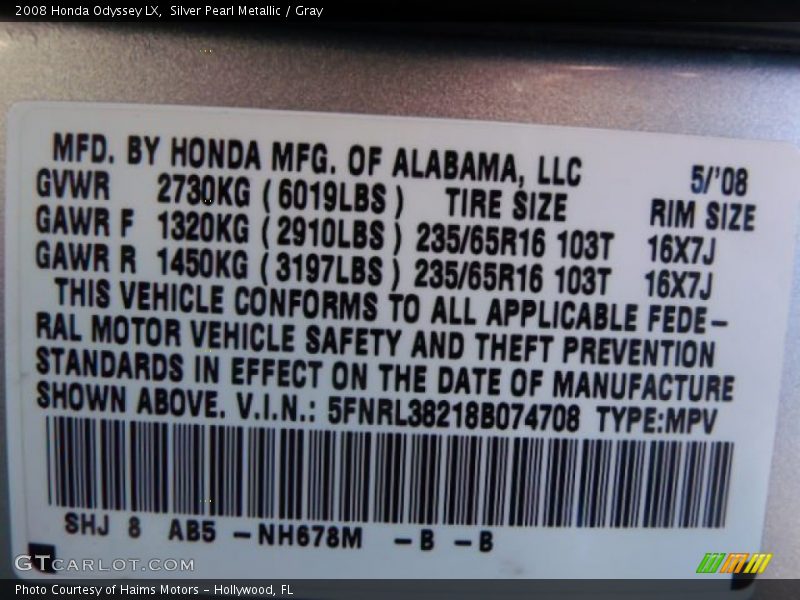 Silver Pearl Metallic / Gray 2008 Honda Odyssey LX