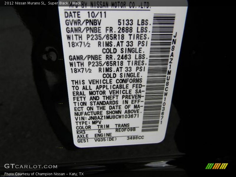 Super Black / Black 2012 Nissan Murano SL