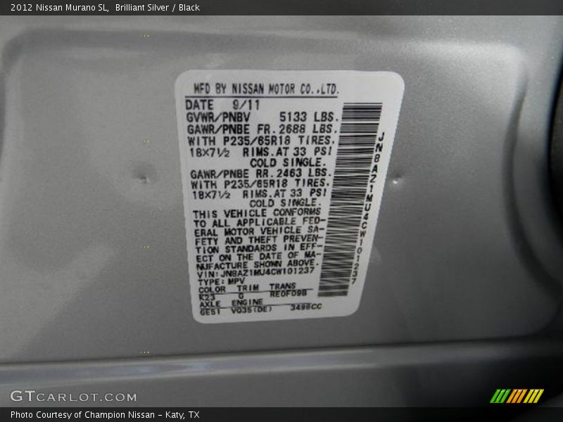 Brilliant Silver / Black 2012 Nissan Murano SL