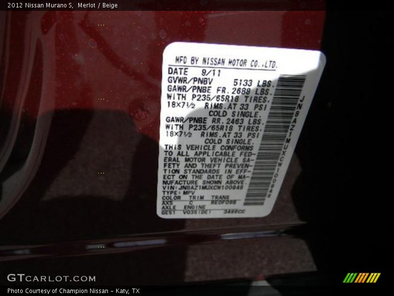Merlot / Beige 2012 Nissan Murano S
