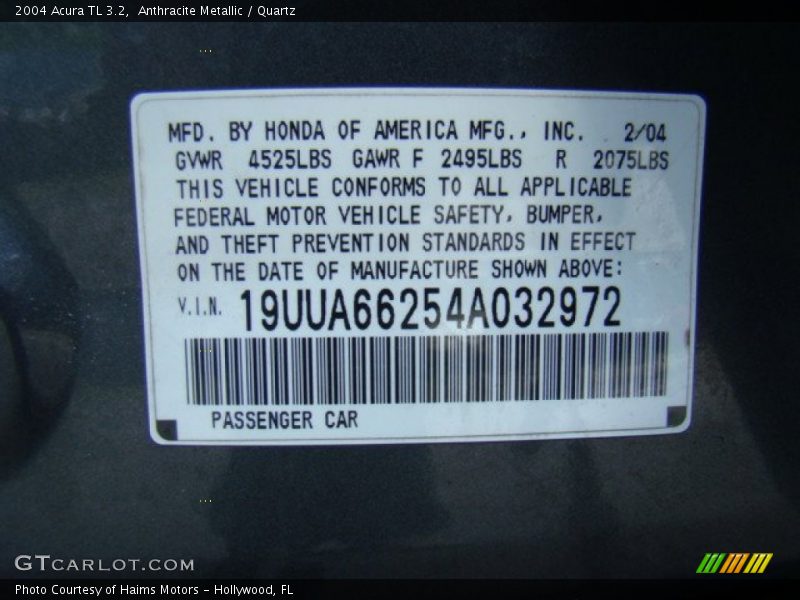 Anthracite Metallic / Quartz 2004 Acura TL 3.2