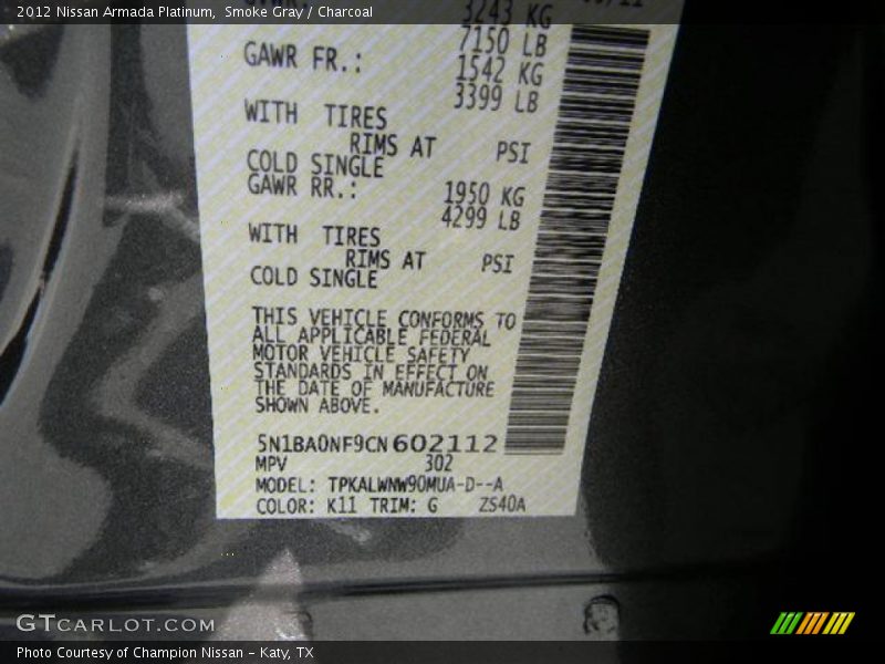 Smoke Gray / Charcoal 2012 Nissan Armada Platinum