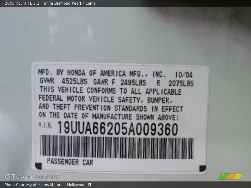 White Diamond Pearl / Camel 2005 Acura TL 3.2