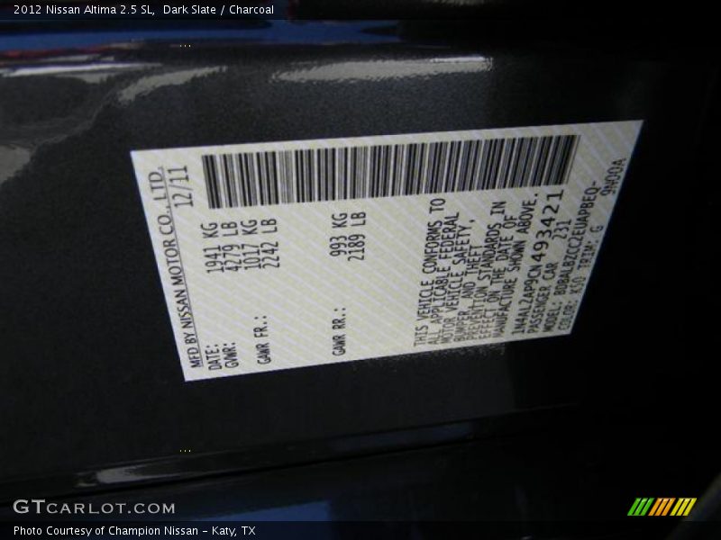 Dark Slate / Charcoal 2012 Nissan Altima 2.5 SL