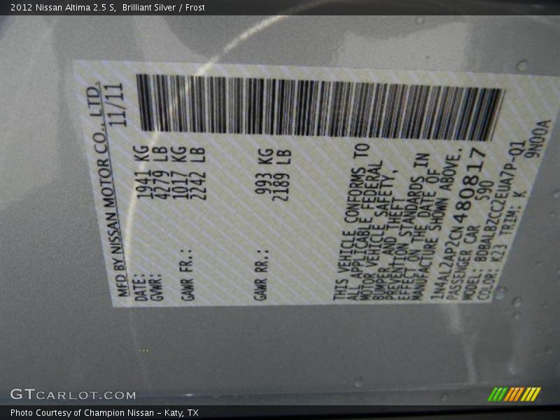 Brilliant Silver / Frost 2012 Nissan Altima 2.5 S