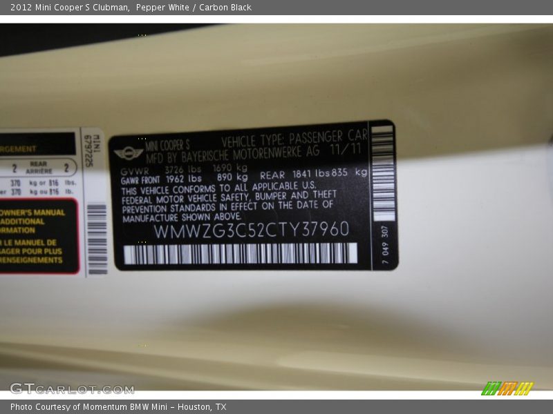 Pepper White / Carbon Black 2012 Mini Cooper S Clubman