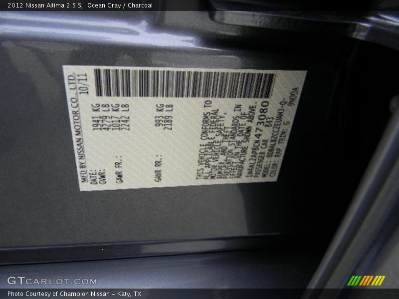 Ocean Gray / Charcoal 2012 Nissan Altima 2.5 S