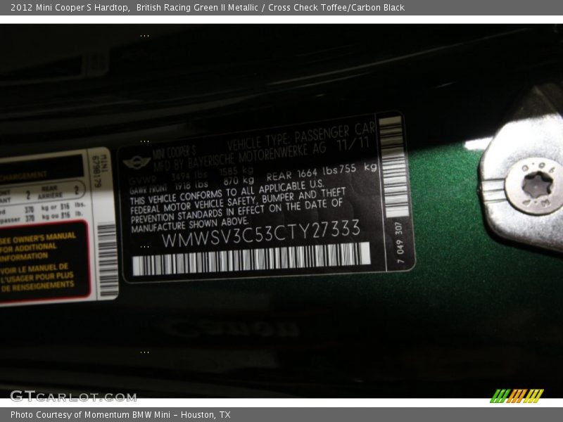 British Racing Green II Metallic / Cross Check Toffee/Carbon Black 2012 Mini Cooper S Hardtop