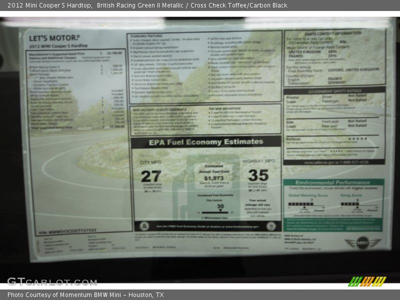 British Racing Green II Metallic / Cross Check Toffee/Carbon Black 2012 Mini Cooper S Hardtop