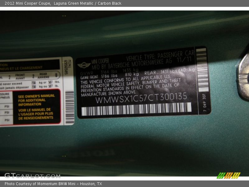 Laguna Green Metallic / Carbon Black 2012 Mini Cooper Coupe