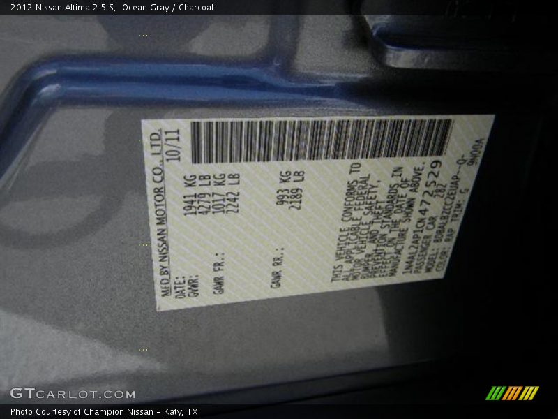 Ocean Gray / Charcoal 2012 Nissan Altima 2.5 S