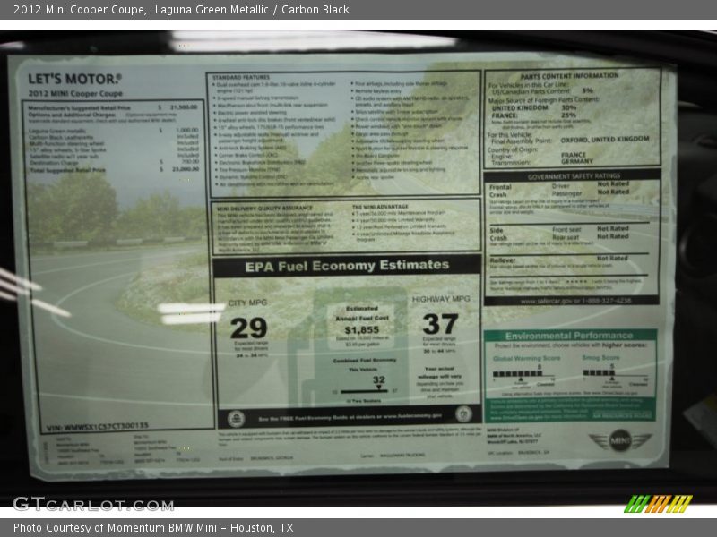  2012 Cooper Coupe Window Sticker