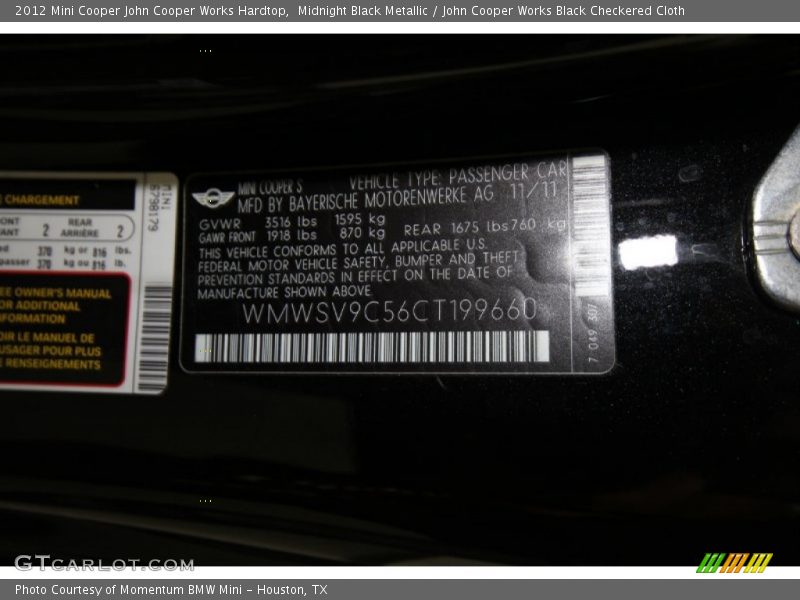 Midnight Black Metallic / John Cooper Works Black Checkered Cloth 2012 Mini Cooper John Cooper Works Hardtop