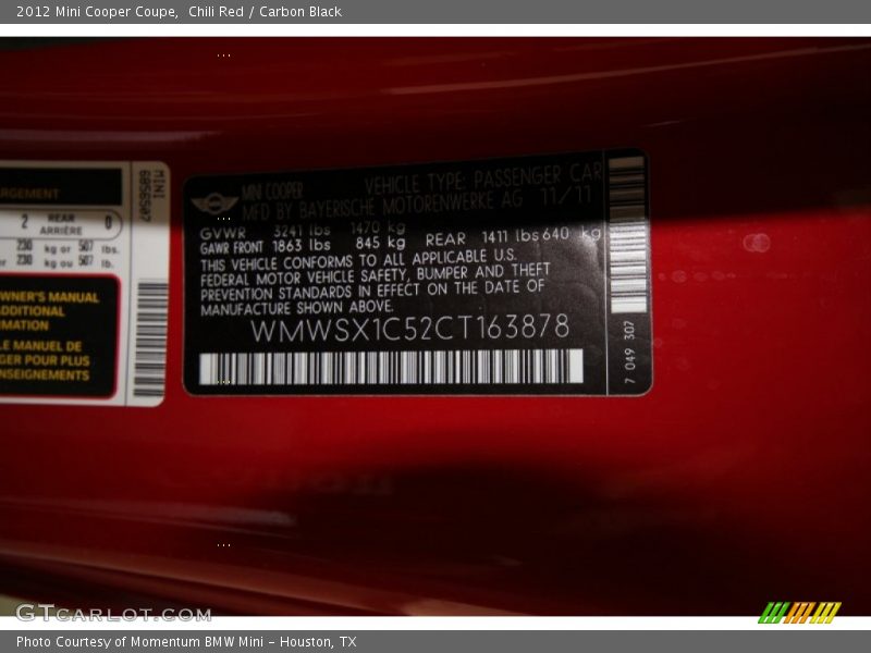 Chili Red / Carbon Black 2012 Mini Cooper Coupe
