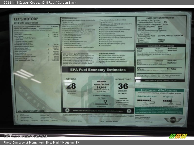  2012 Cooper Coupe Window Sticker