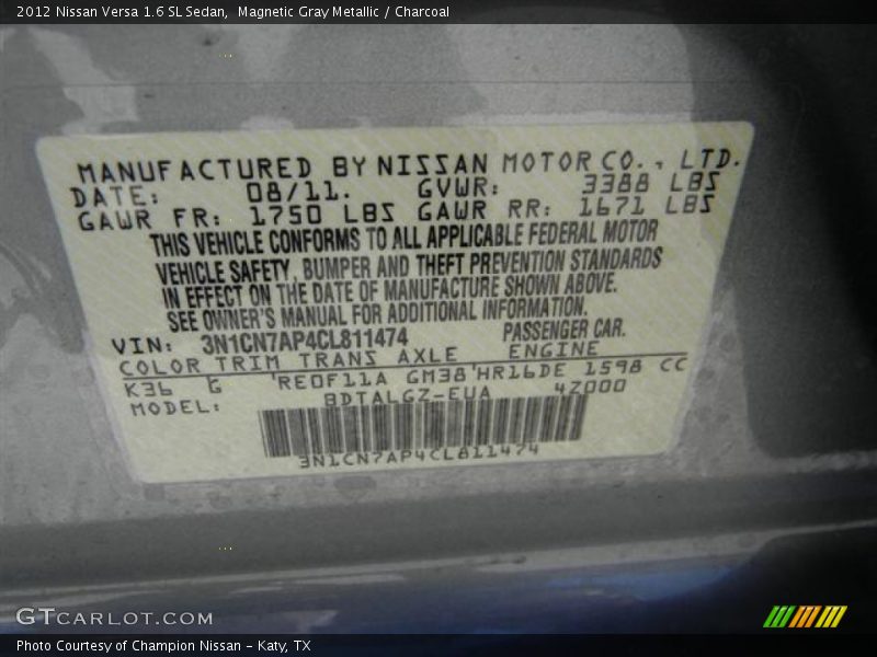 Magnetic Gray Metallic / Charcoal 2012 Nissan Versa 1.6 SL Sedan