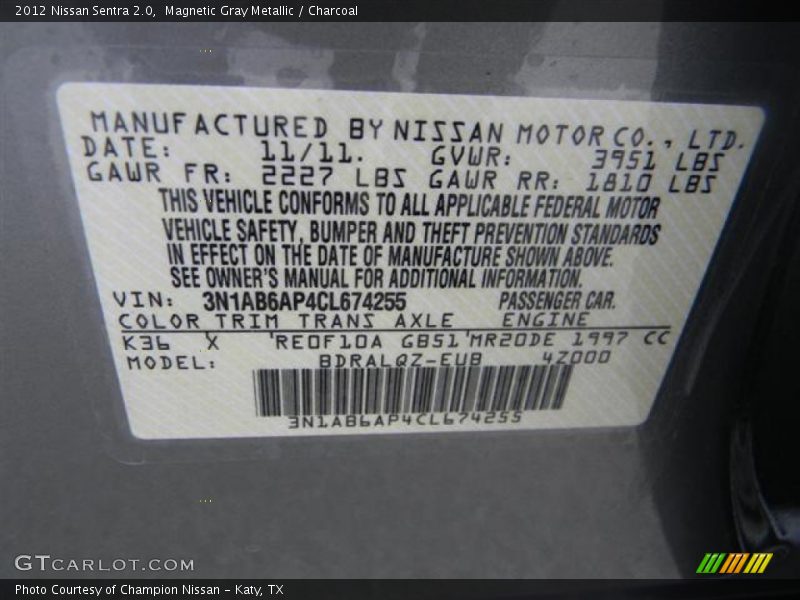 Magnetic Gray Metallic / Charcoal 2012 Nissan Sentra 2.0