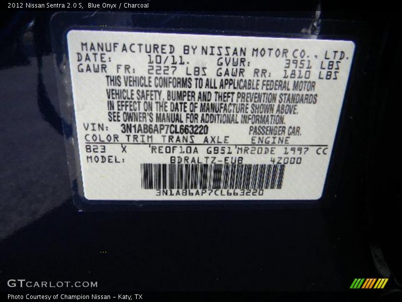 Blue Onyx / Charcoal 2012 Nissan Sentra 2.0 S