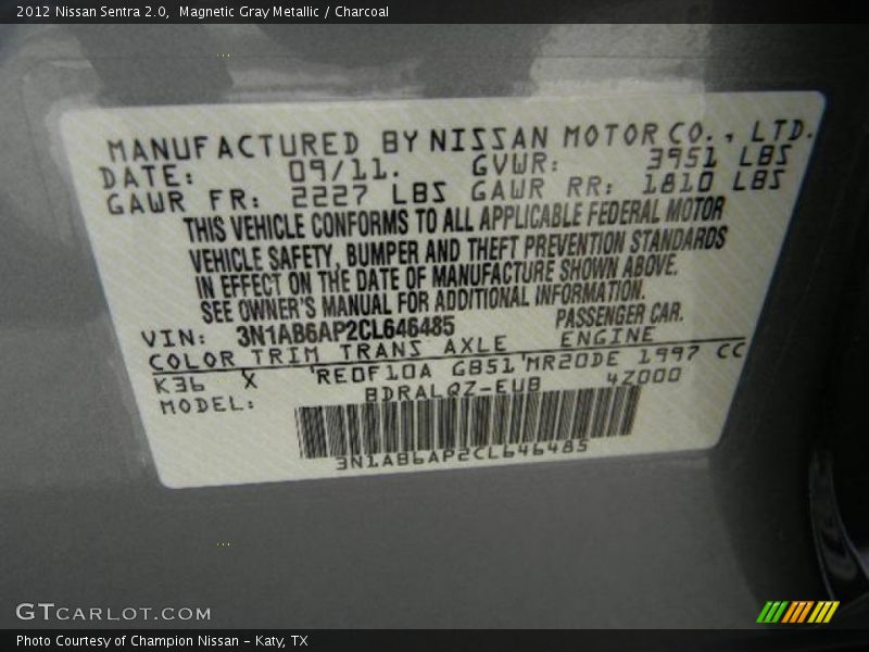 Magnetic Gray Metallic / Charcoal 2012 Nissan Sentra 2.0
