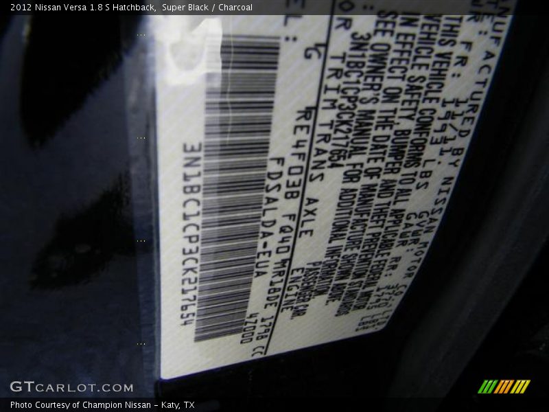 Super Black / Charcoal 2012 Nissan Versa 1.8 S Hatchback