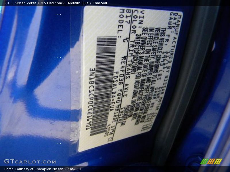 Metallic Blue / Charcoal 2012 Nissan Versa 1.8 S Hatchback