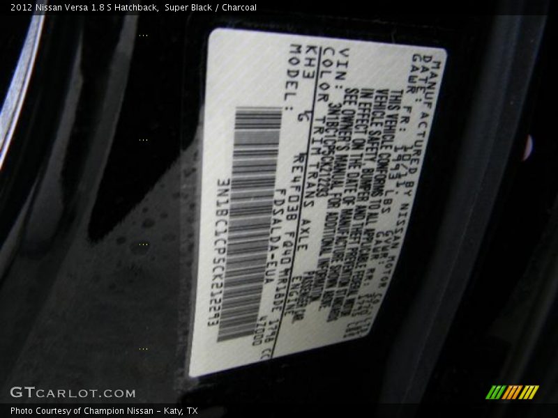 Super Black / Charcoal 2012 Nissan Versa 1.8 S Hatchback