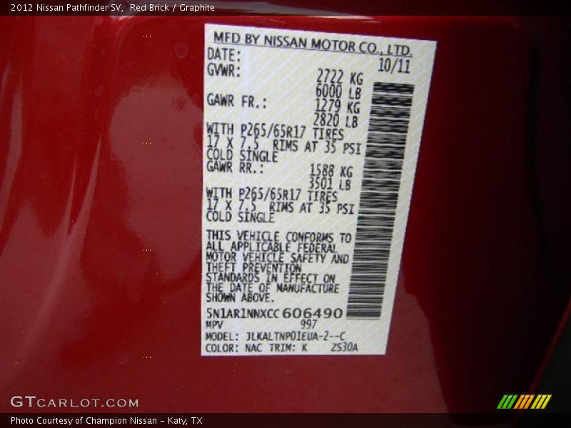 Red Brick / Graphite 2012 Nissan Pathfinder SV