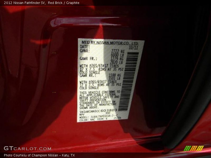 Red Brick / Graphite 2012 Nissan Pathfinder SV