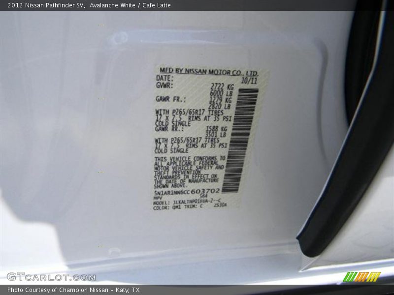 Avalanche White / Cafe Latte 2012 Nissan Pathfinder SV