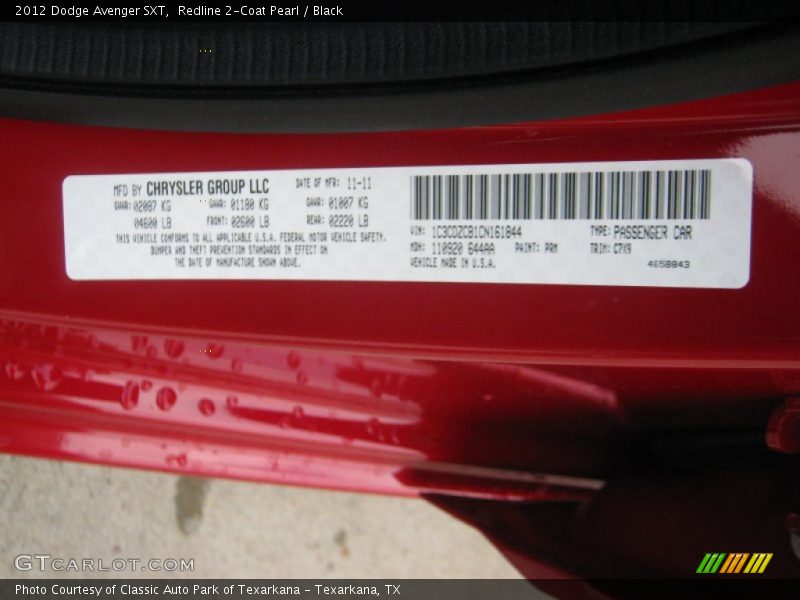 Redline 2-Coat Pearl / Black 2012 Dodge Avenger SXT
