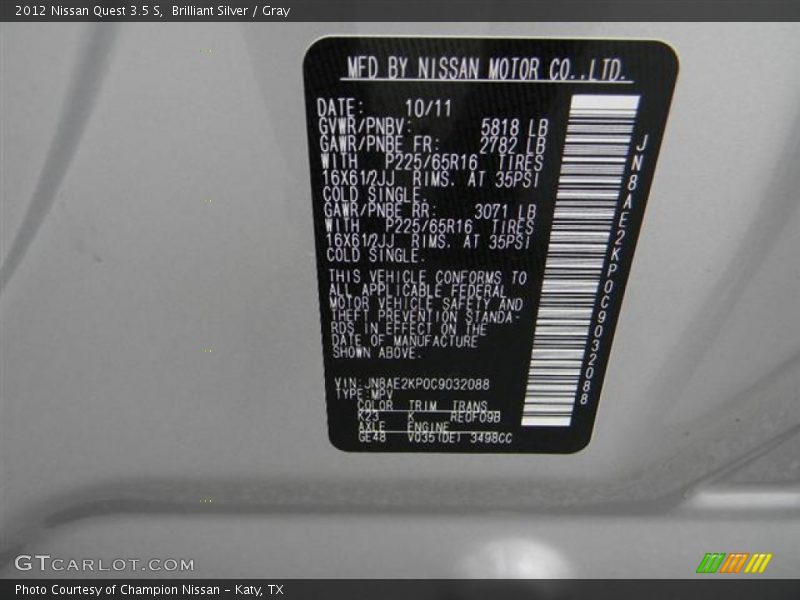 Brilliant Silver / Gray 2012 Nissan Quest 3.5 S