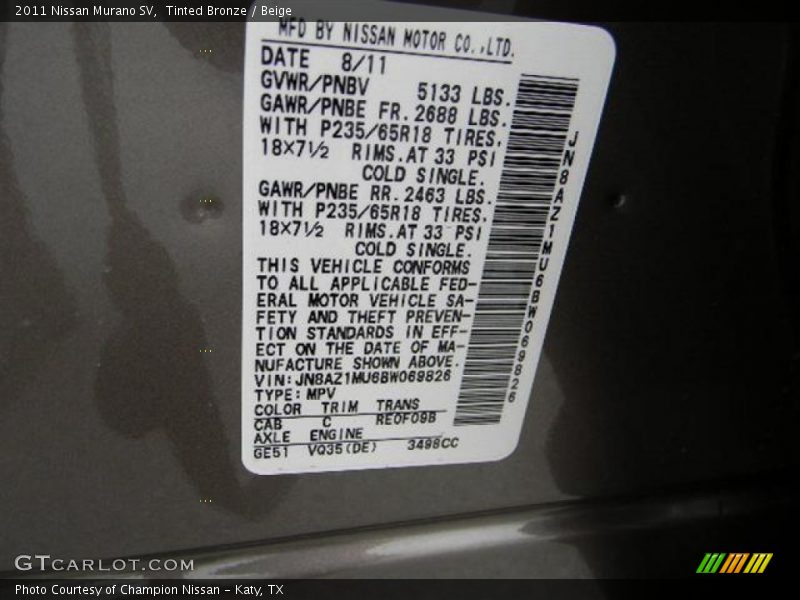 2011 Murano SV Tinted Bronze Color Code CAB