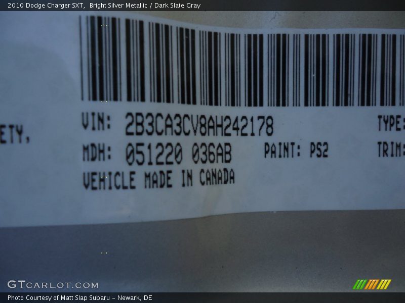 Bright Silver Metallic / Dark Slate Gray 2010 Dodge Charger SXT