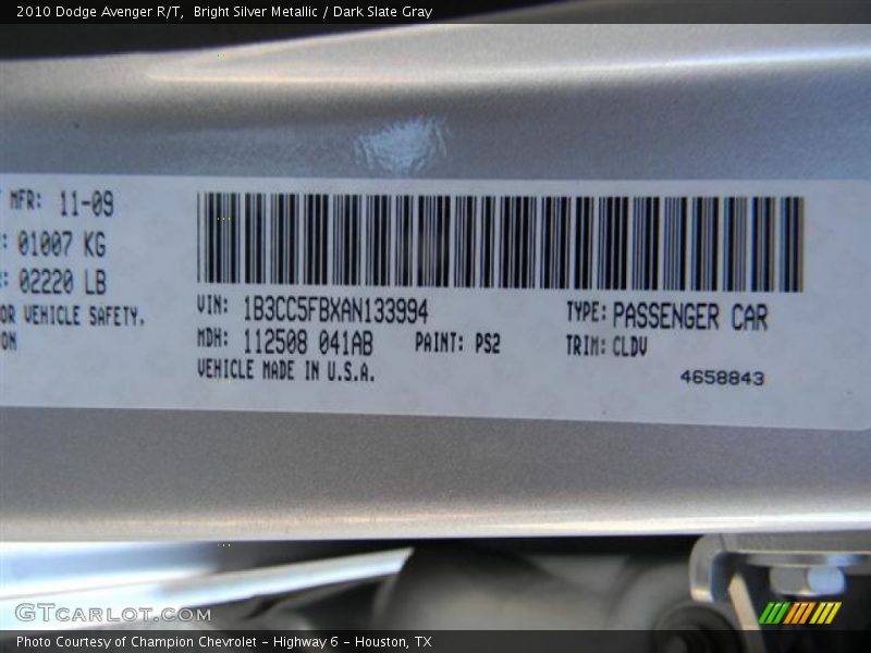 Bright Silver Metallic / Dark Slate Gray 2010 Dodge Avenger R/T