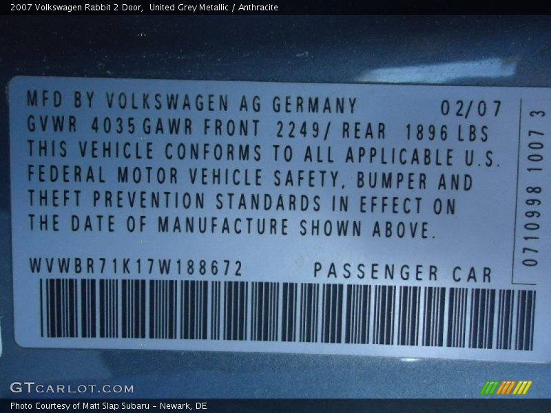 Info Tag of 2007 Rabbit 2 Door
