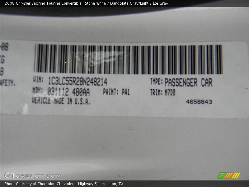 2008 Sebring Touring Convertible Stone White Color Code PW1
