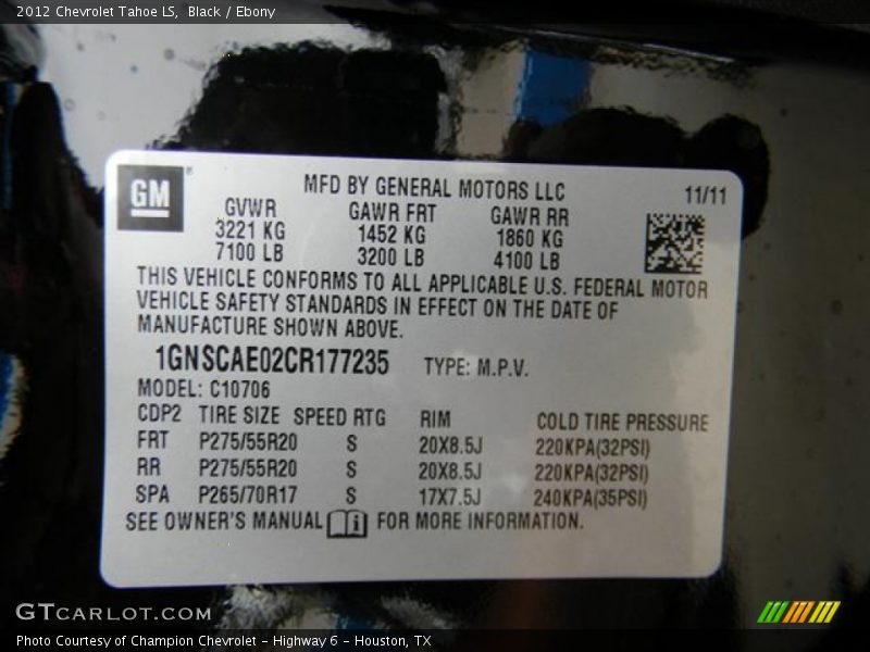 Black / Ebony 2012 Chevrolet Tahoe LS