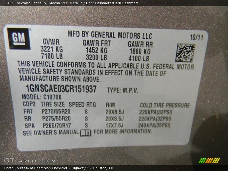 Mocha Steel Metallic / Light Cashmere/Dark Cashmere 2012 Chevrolet Tahoe LS
