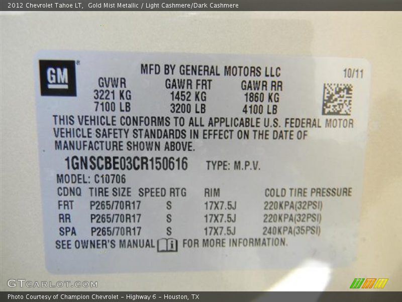 Gold Mist Metallic / Light Cashmere/Dark Cashmere 2012 Chevrolet Tahoe LT