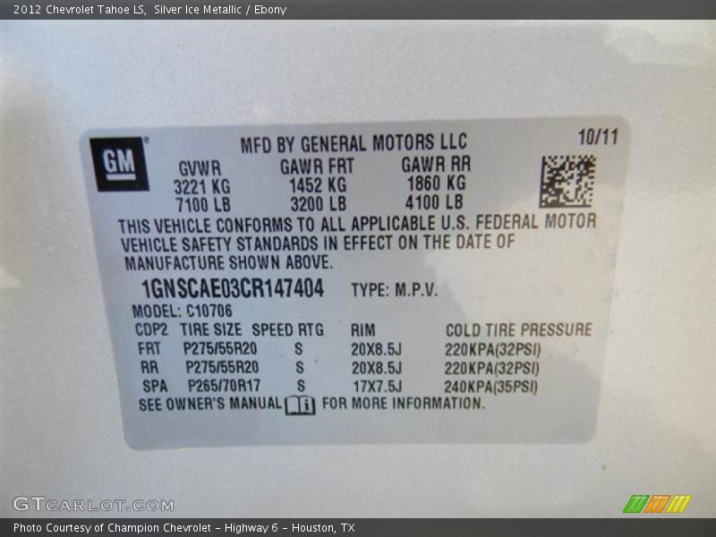 Silver Ice Metallic / Ebony 2012 Chevrolet Tahoe LS