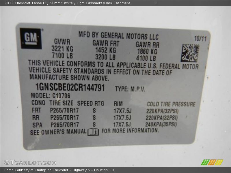 Summit White / Light Cashmere/Dark Cashmere 2012 Chevrolet Tahoe LT