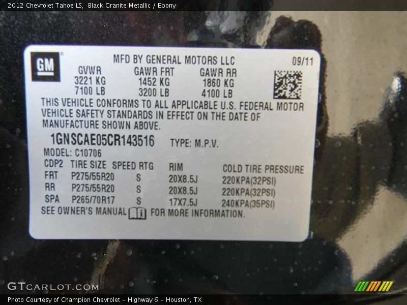 Black Granite Metallic / Ebony 2012 Chevrolet Tahoe LS