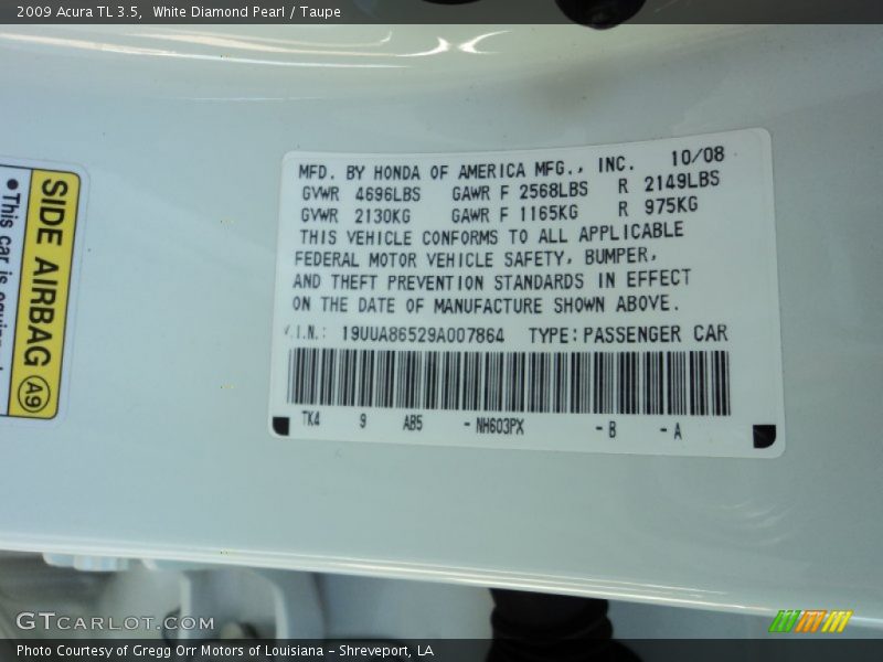 White Diamond Pearl / Taupe 2009 Acura TL 3.5