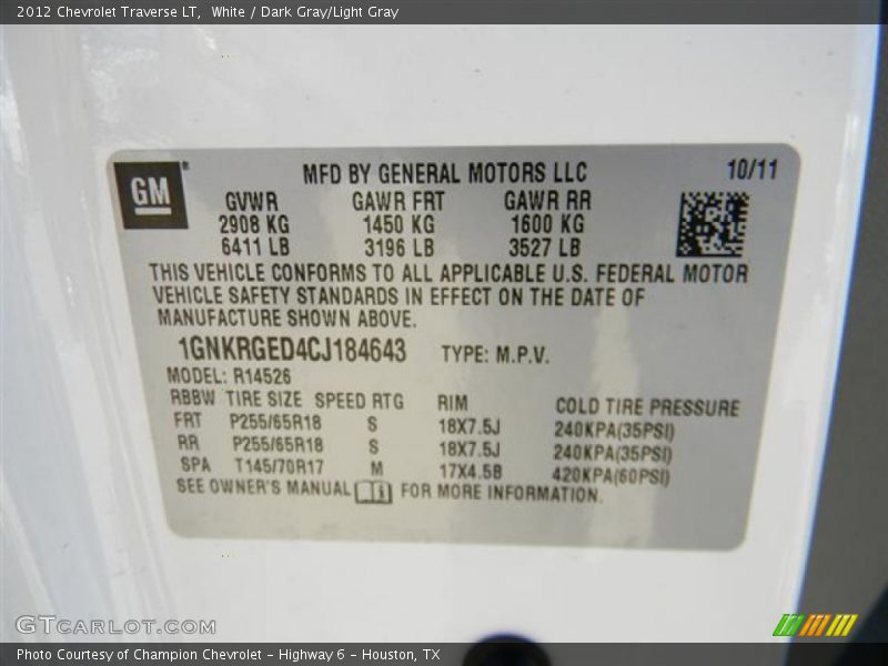 White / Dark Gray/Light Gray 2012 Chevrolet Traverse LT