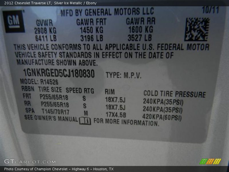 Silver Ice Metallic / Ebony 2012 Chevrolet Traverse LT